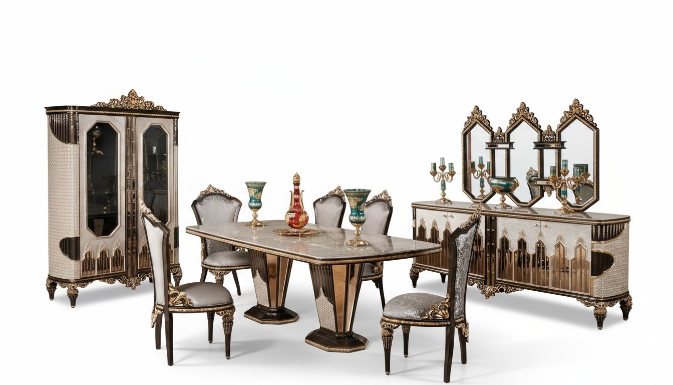 Classic white-gold dining room set dining table 6x chairs sideboard