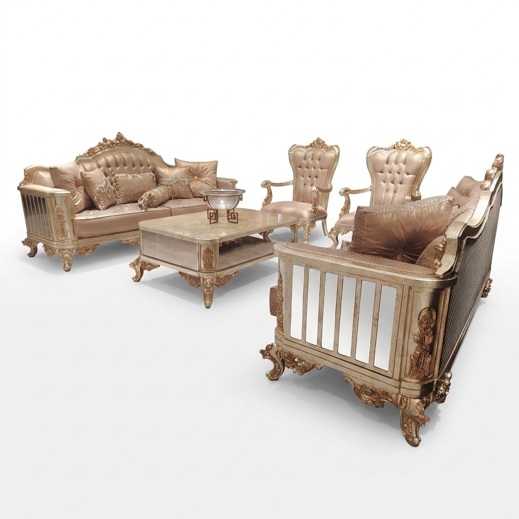 Classic baroque rococo chesterfield 5 piece coffee table beige sofa furniture