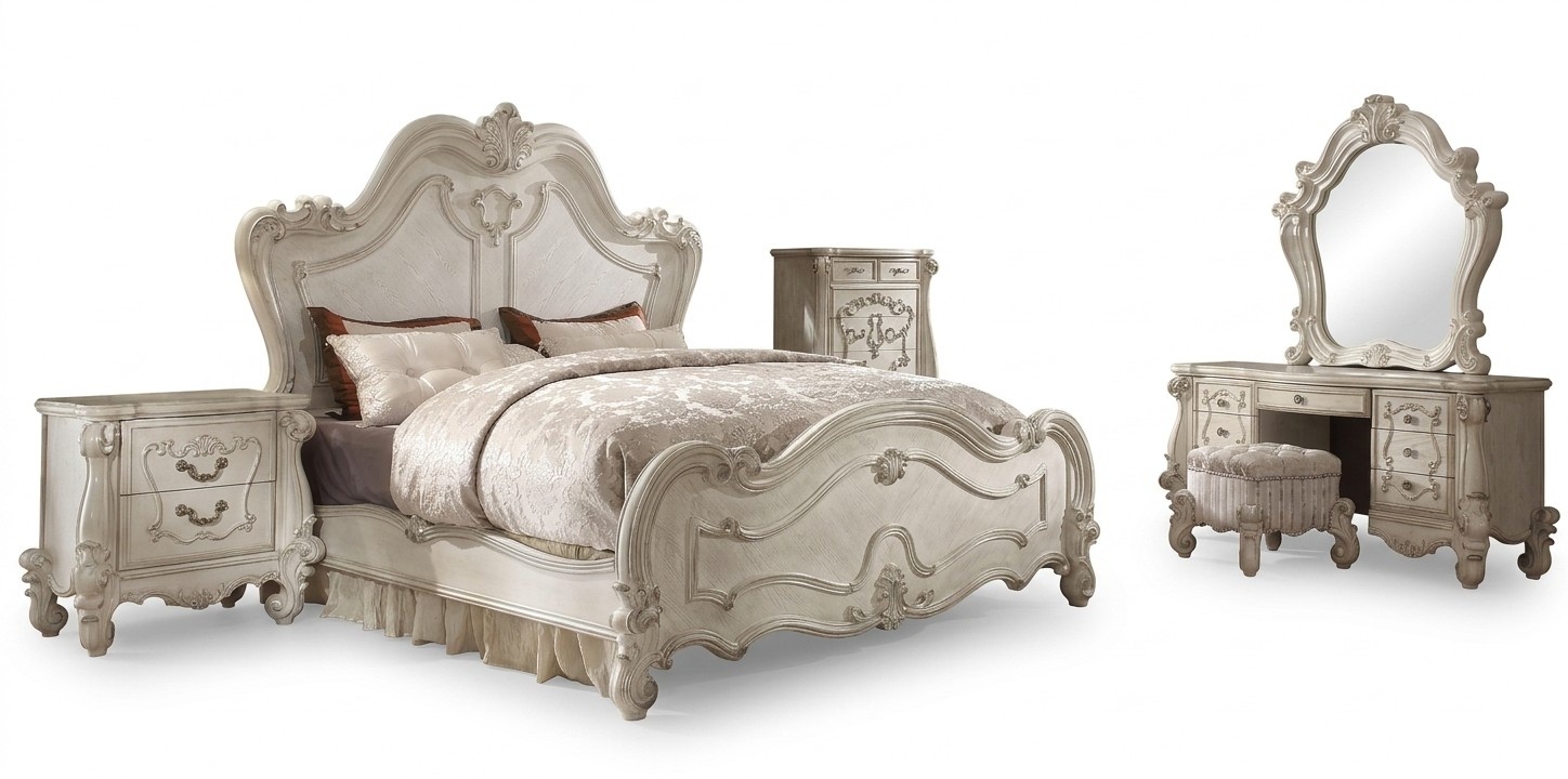 Classic bedroom set, bed, nightstand, dressing table, mirror, stool, 6 pieces