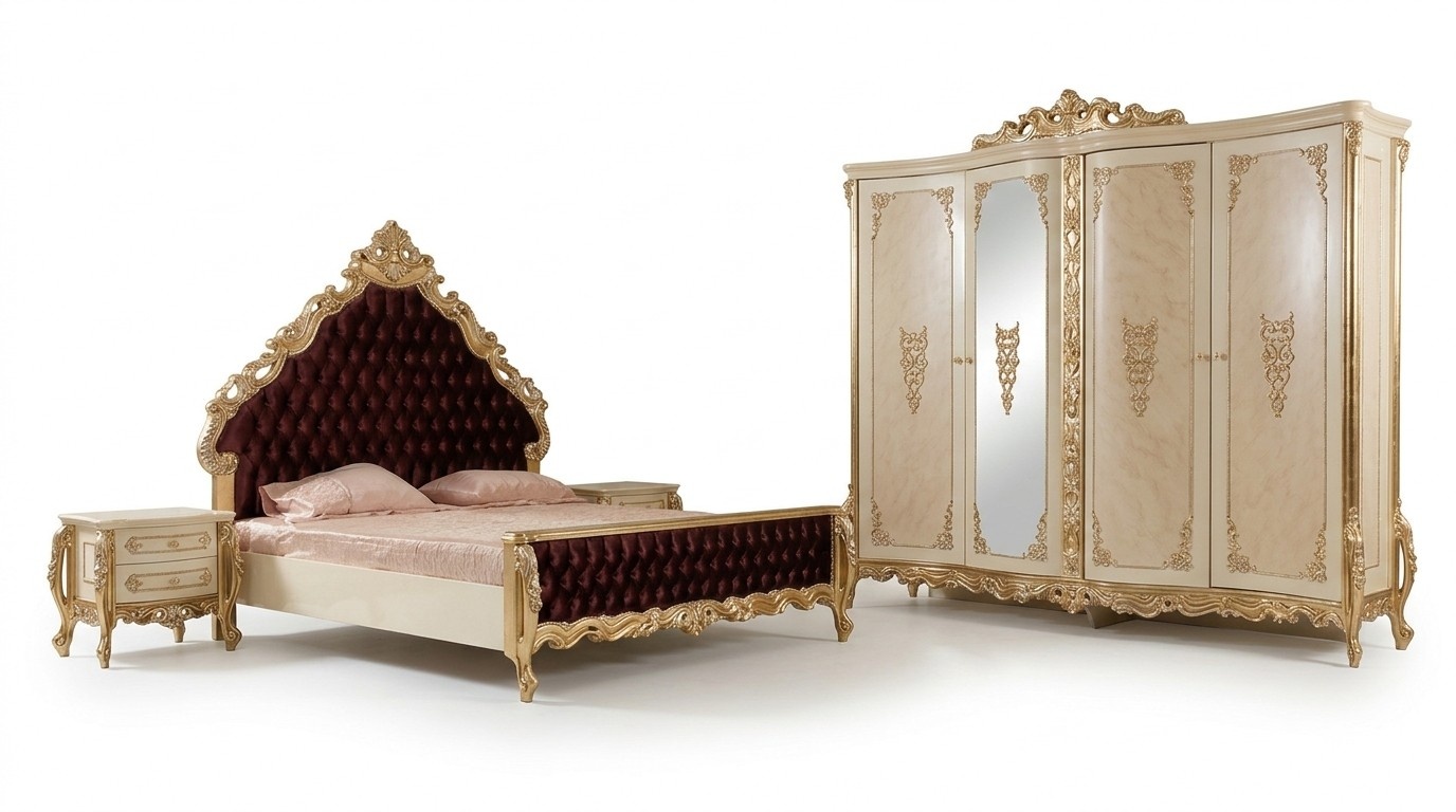 Classic bedroom set double bed 2x bedside tables chest of drawers wardrobe