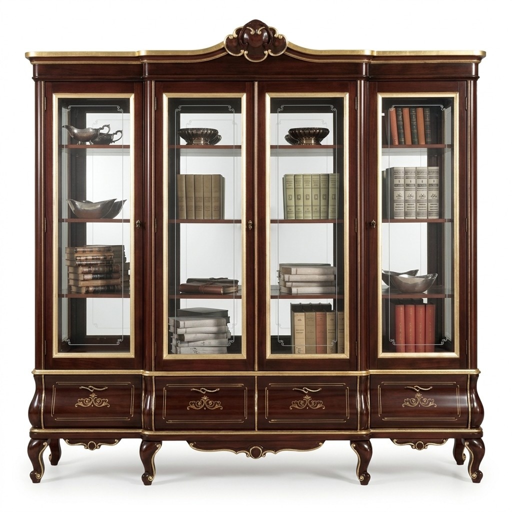 Classic Brown Bookcase Drawers Glass Doors Solid Wood Furniture