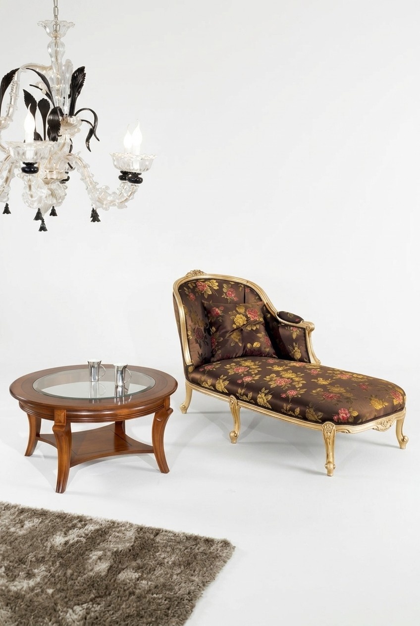 Classic Chaise Longue + Coffee Table Gold Flowers Lounger Italian Furniture Table