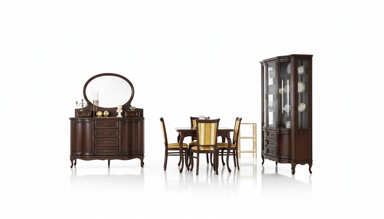 Classic dining room display cabinet, sideboard, chairs, table, Chippendale, living room, 10 pieces.