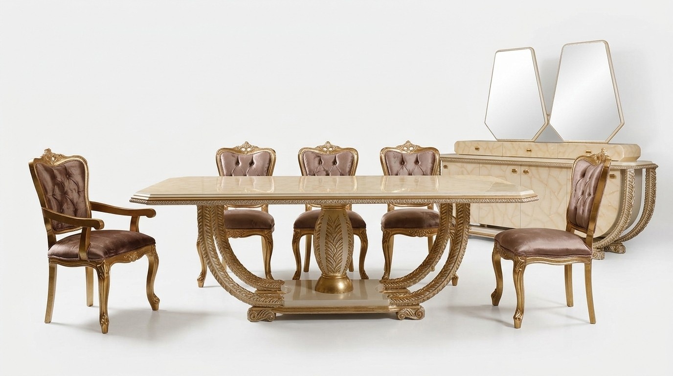 Classic dining room set Elegant dining table 4x chairs Sideboard Display cabinet 8 pcs