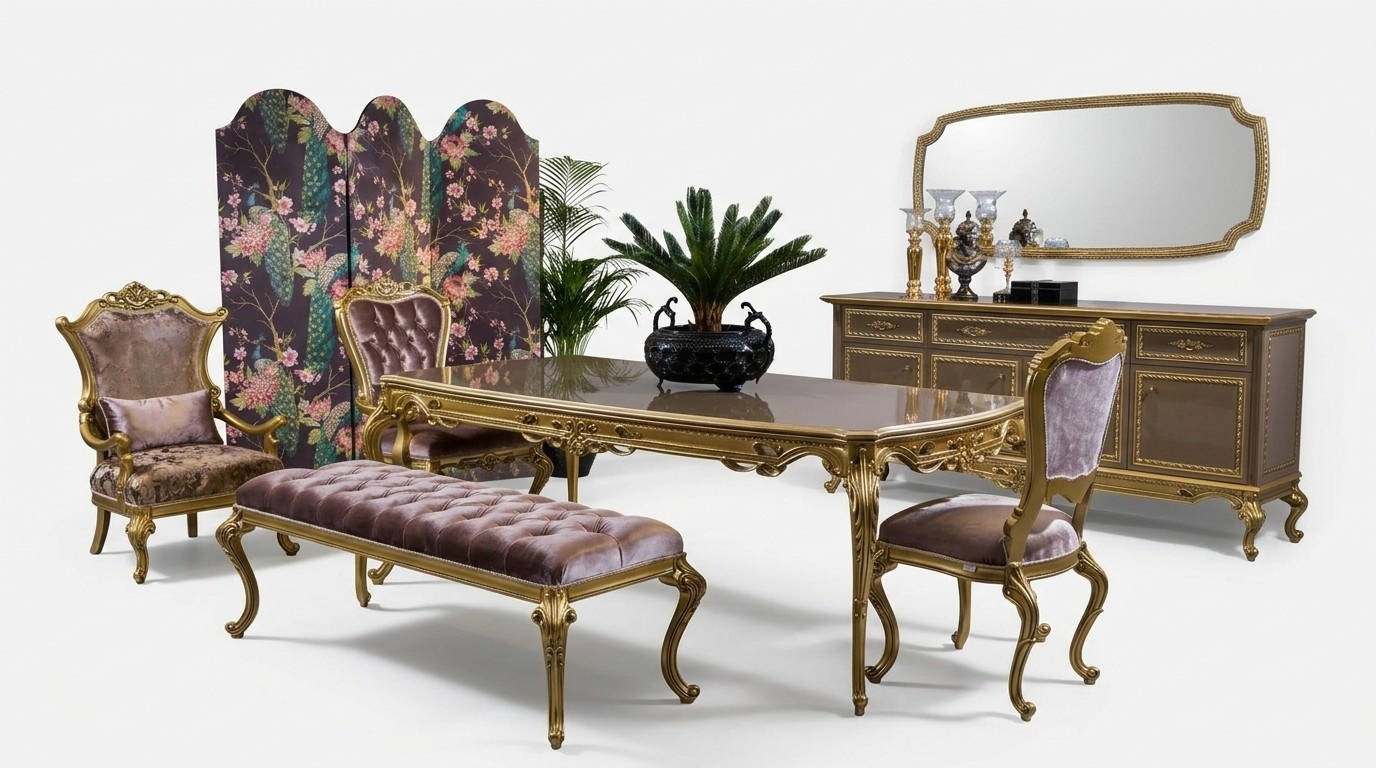 Classic Dining Room Set Table Chair Set Commode Mirror Stool 6pcs