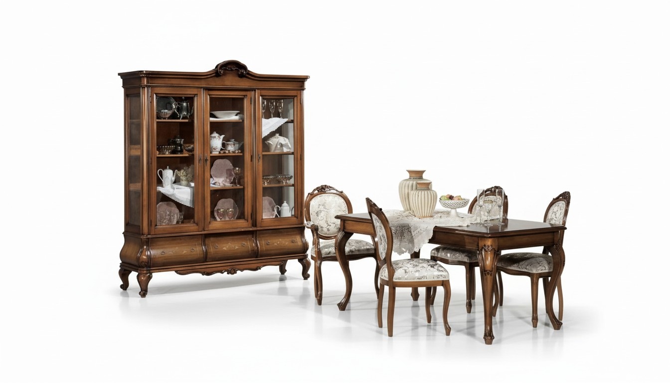 Classic Dining Room Set Wooden Furniture Dining Table 4x Chairs Display Cabinet 6tlg