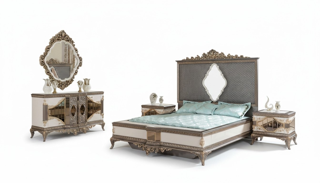 Classic Gray Bedroom Luxury Set Double Bed 2x Nightstands