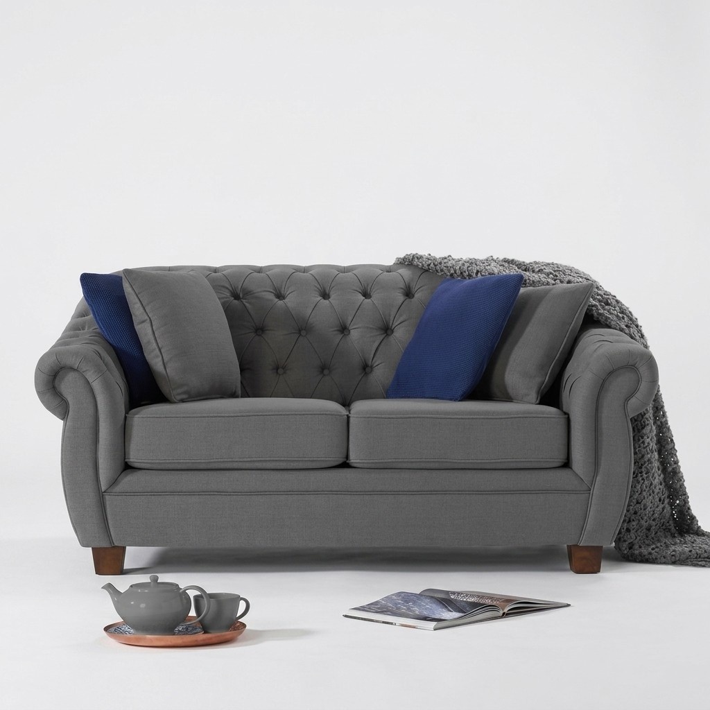 Classic Chesterfield Textile Sofa 2-Seater With Cushions Real Wood Frame Dark Grey Loveseat