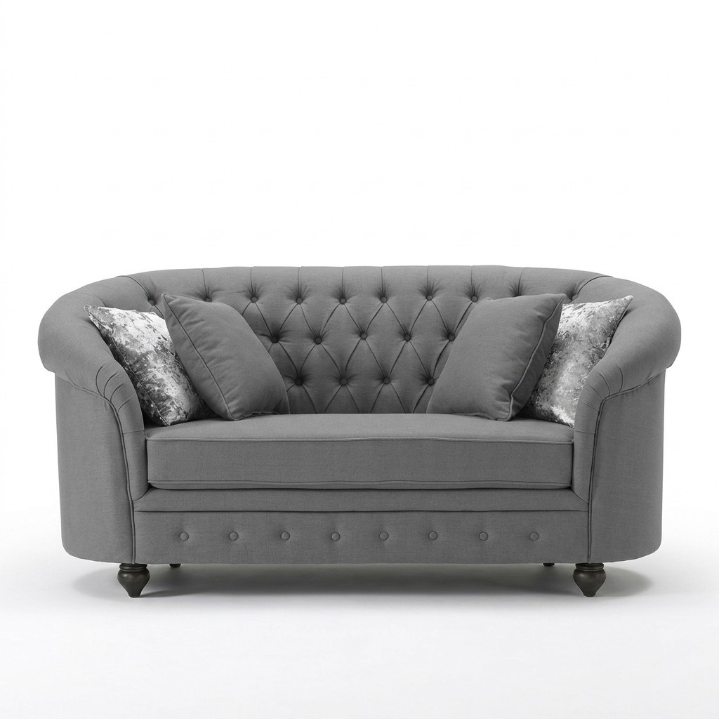 Classic Textile Chesterfield Sofa 2-Seater Silver Grey Upholstered Comfortable Loveseat Couch With Rounded Back