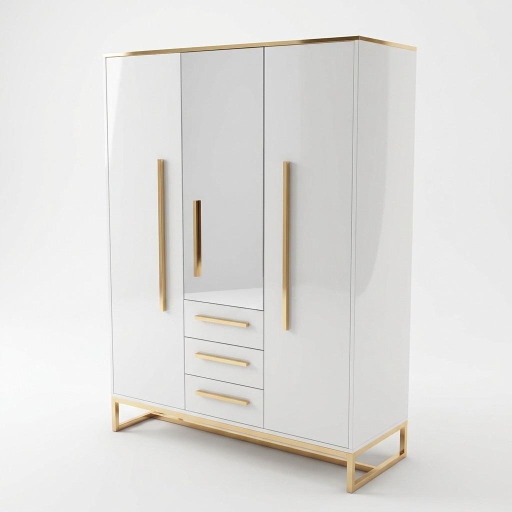 Luxury design massive wardrobe in modern style made of real wood & stainless steel with 3-swing doors & 3-sliding drawers