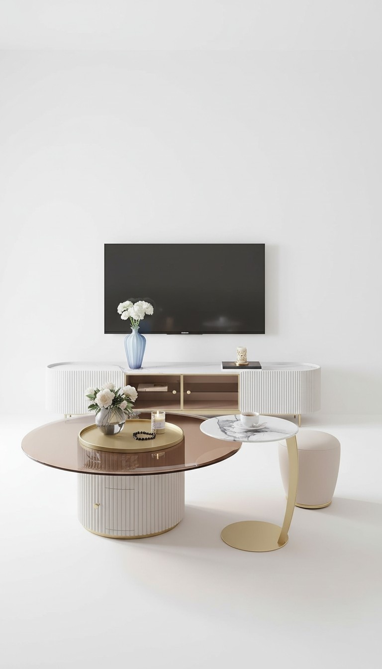 Coffee table sideboard 2 pieces Led living room Illuminated furniture table Lowboard glass