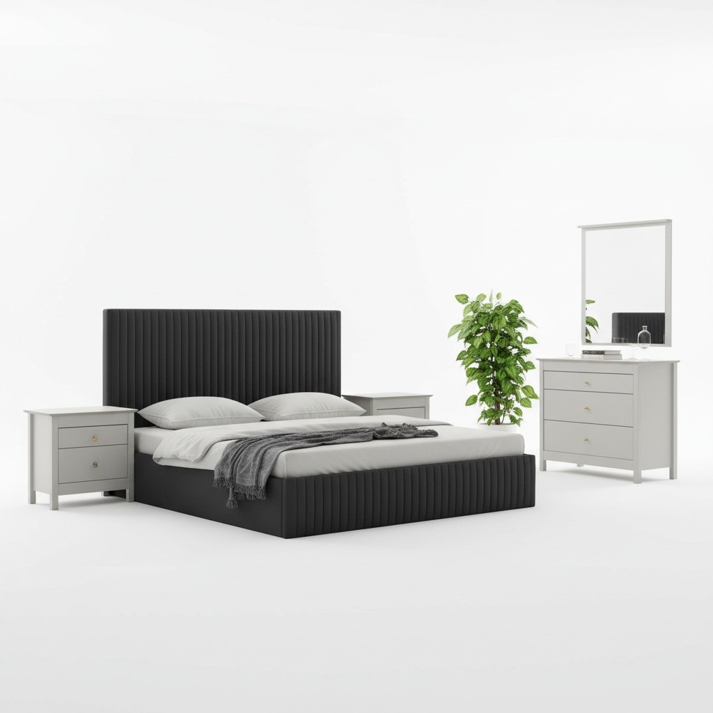 Comfortable bedroom set furniture 2x nightstands dresser bed black 4-piece.