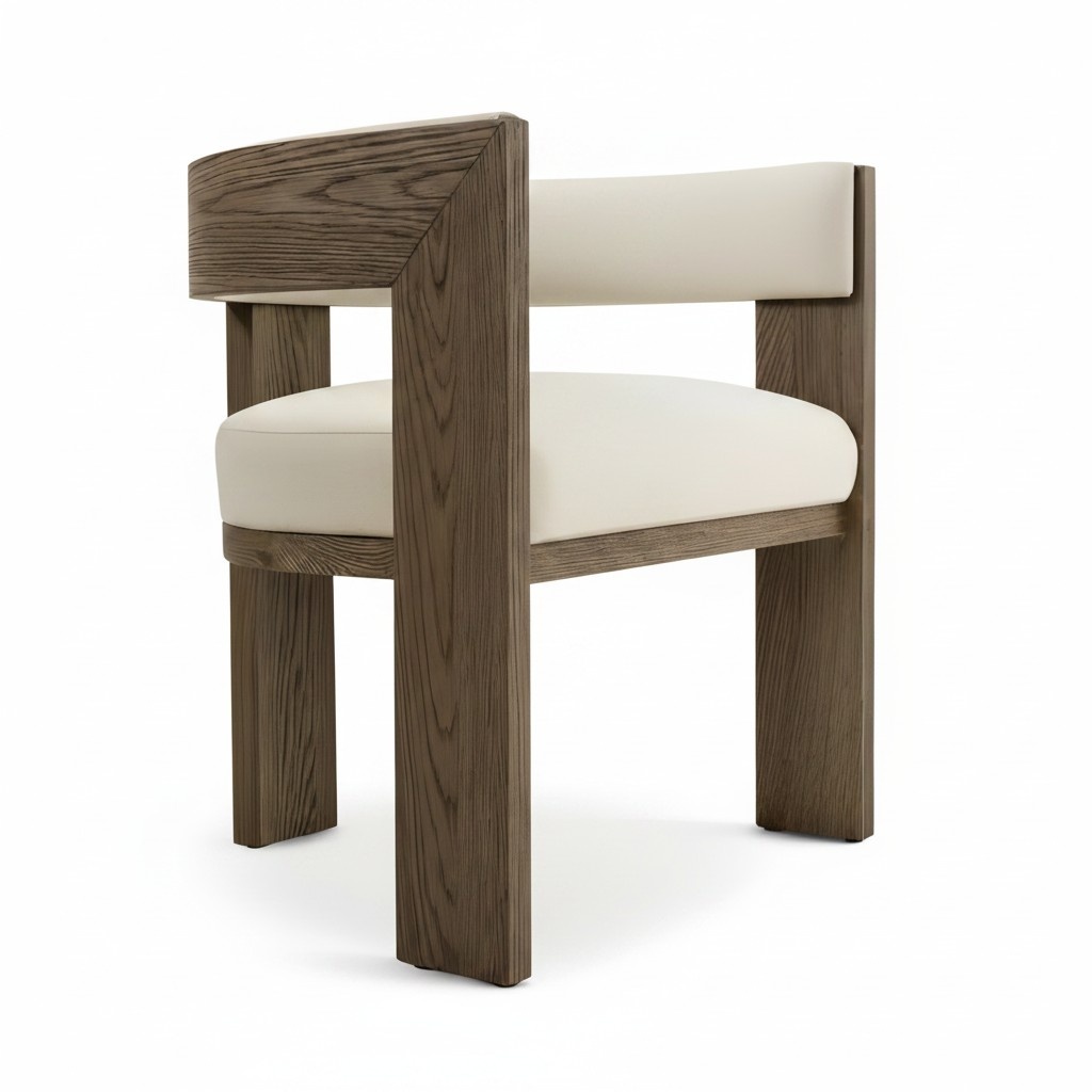 Comfortable designer chair made of wood with cream-colored upholstery.
