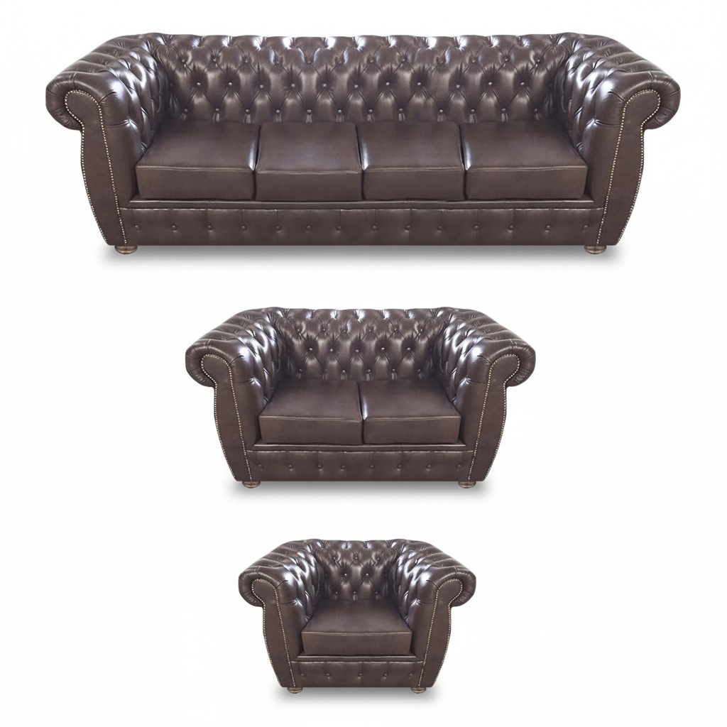 Complete 3-piece living room brown sofas Chesterfield armchair luxury upholstered furniture