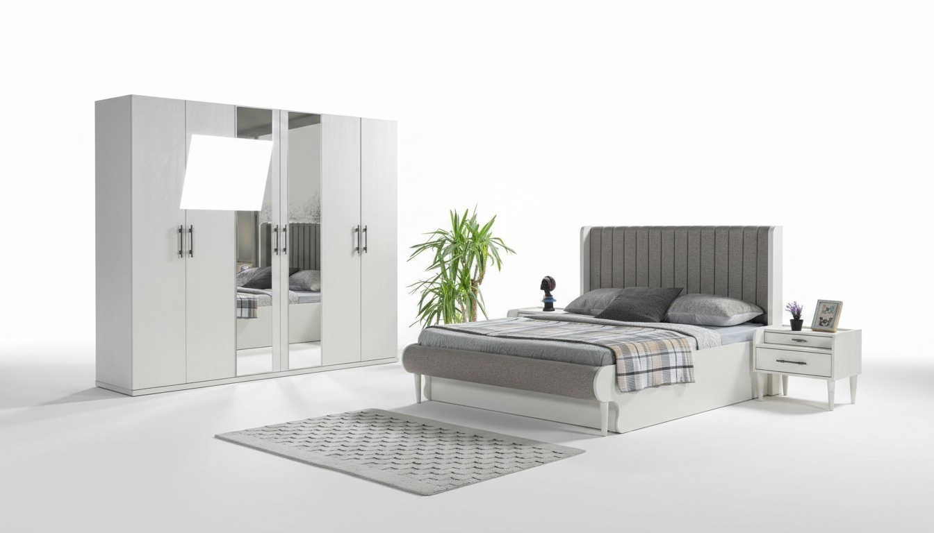 Complete bedroom set, 4 pieces: bed, wardrobe, nightstands, modern.