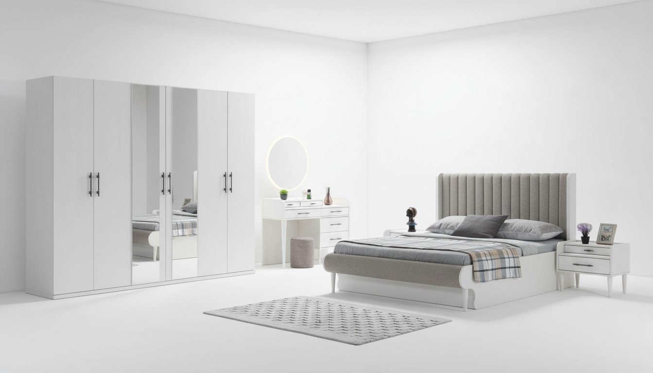 Complete bedroom set, 6 pieces: bed, wardrobe, nightstands, modern.