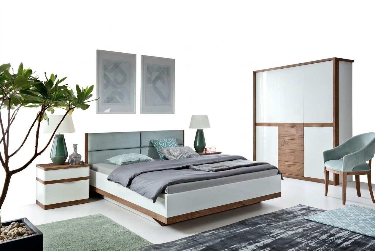Complete bedroom bed 2x nightstands wood wardrobe furniture