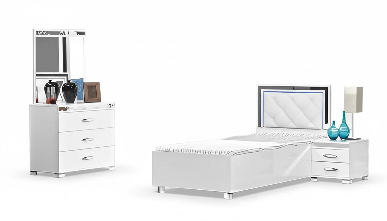 Complete bedroom bed dresser tables 3-piece white wood single bed