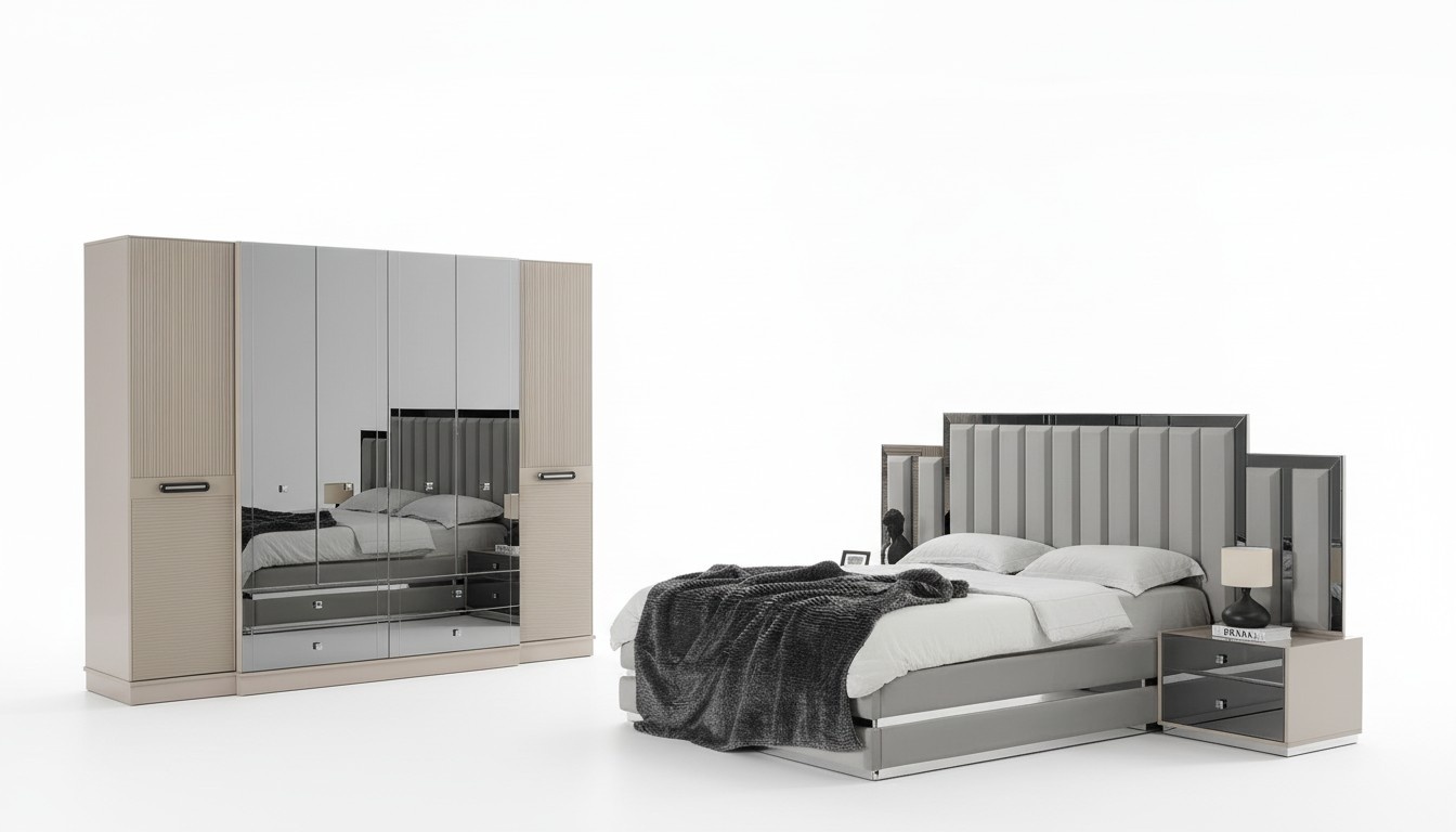 Complete bedroom double bed bed bedside tables 4 pieces gray wardrobe