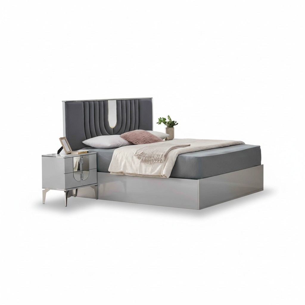 Complete bedroom furniture double bed nightstands gray design 3 pcs.