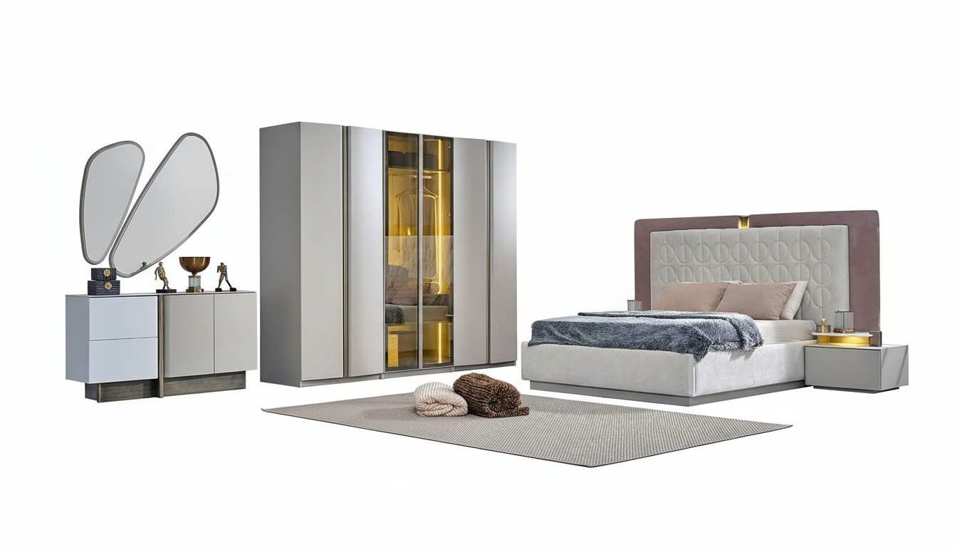 Complete bedroom furniture double bed bed white luxury set 7 pieces wood