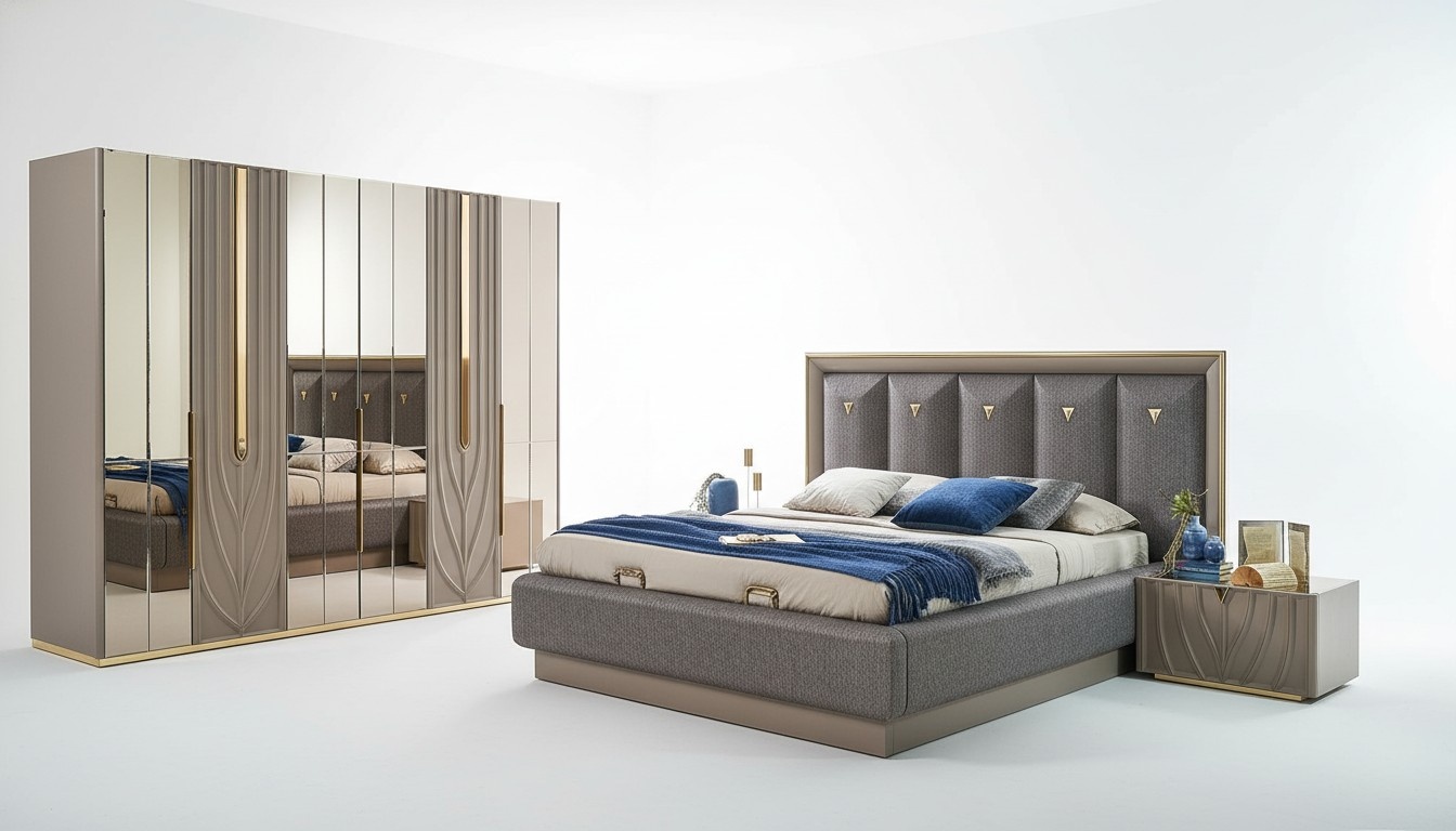 Complete bedroom furniture double bed bed brown set 4 pieces bedside tables