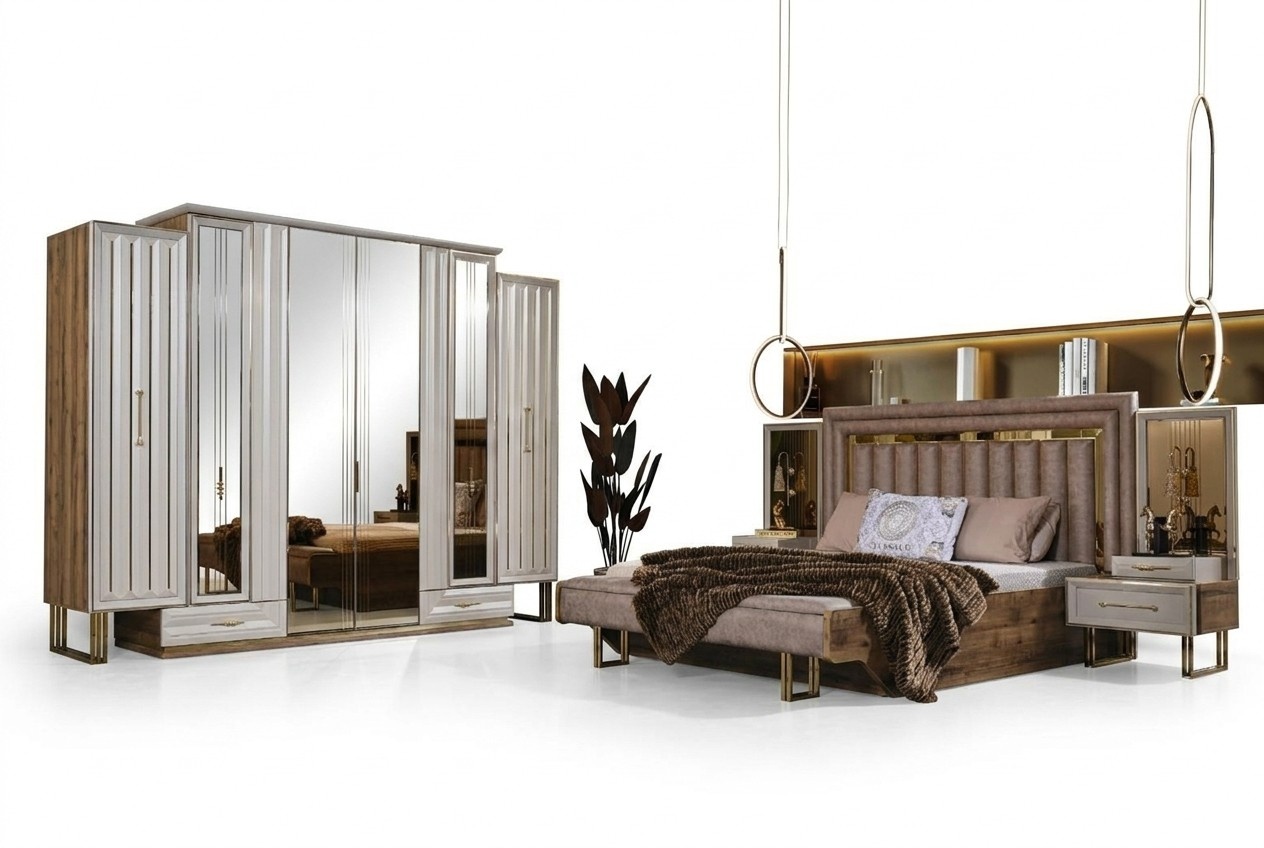 Complete bedroom furniture double bed bedside tables beige 4 pieces