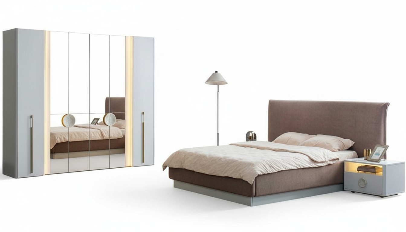 Complete bedroom furniture, double bed, wardrobe, bedside table, 2x set, 4 pieces.