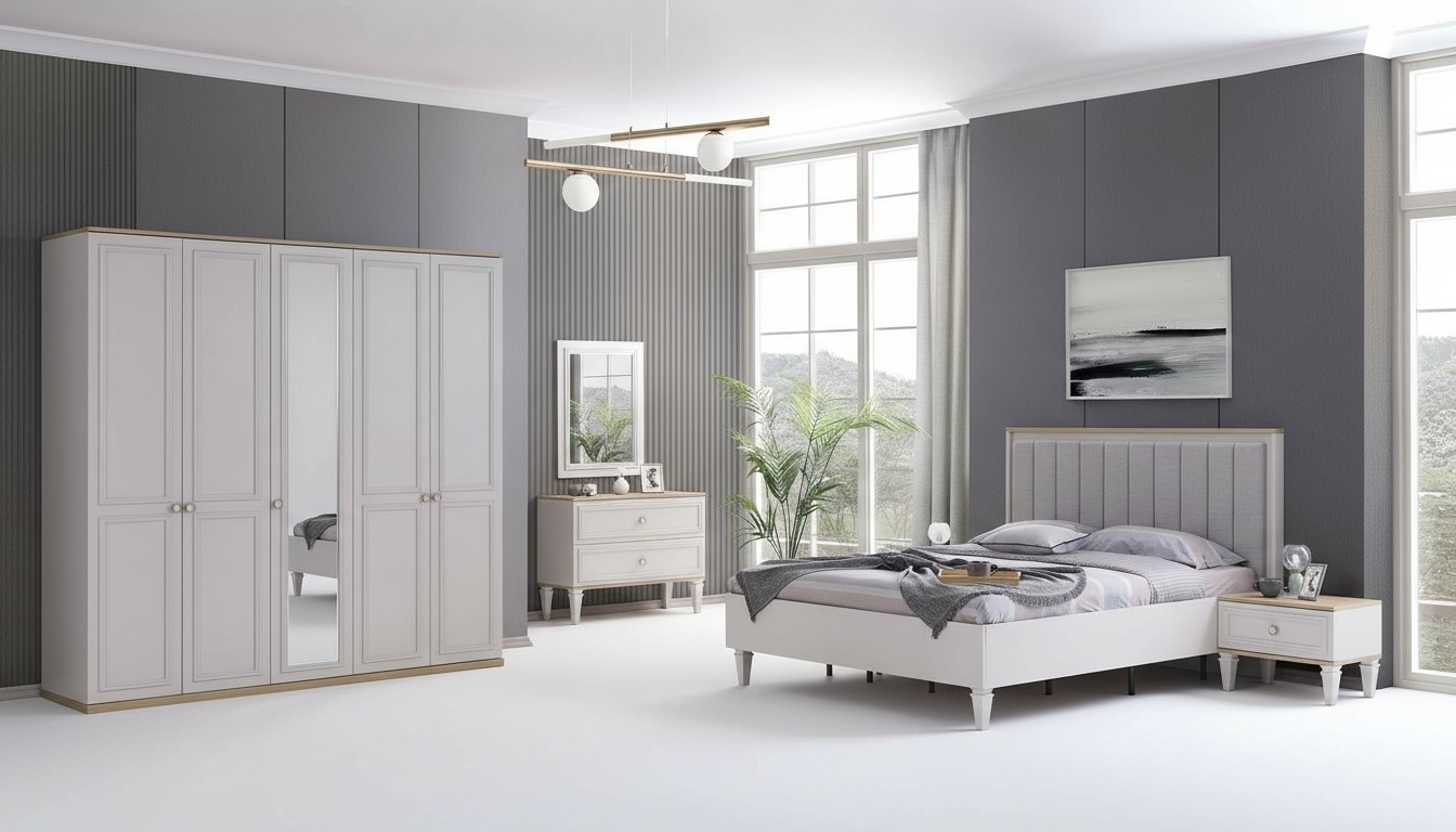 Complete bedroom furniture Modern beds wood 6pc bedroom Grey