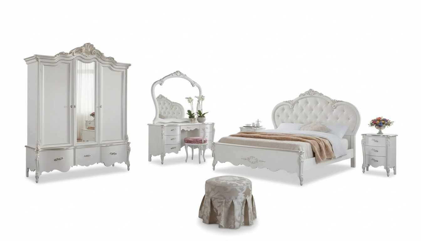 Complete bedroom furniture set white classic furniture set 8 pcs new