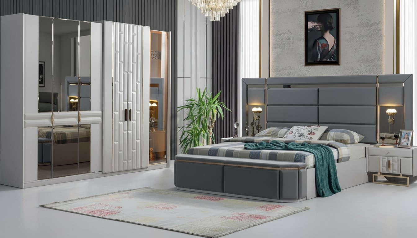 Complete bedroom furniture set bed 2x bedside table wardrobe new