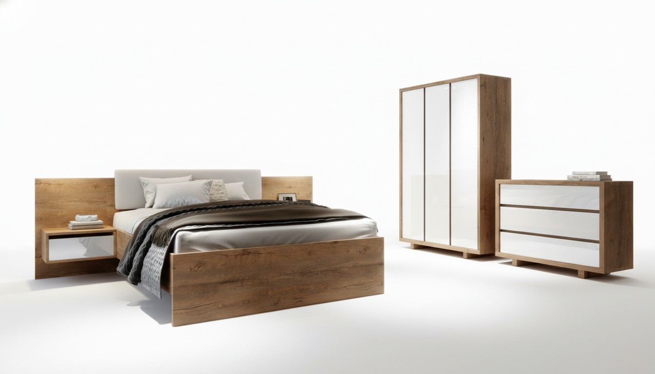 Complete Bedroom Set Bed Bedside Table Wardrobe Chest of Drawers Design 5 pcs.