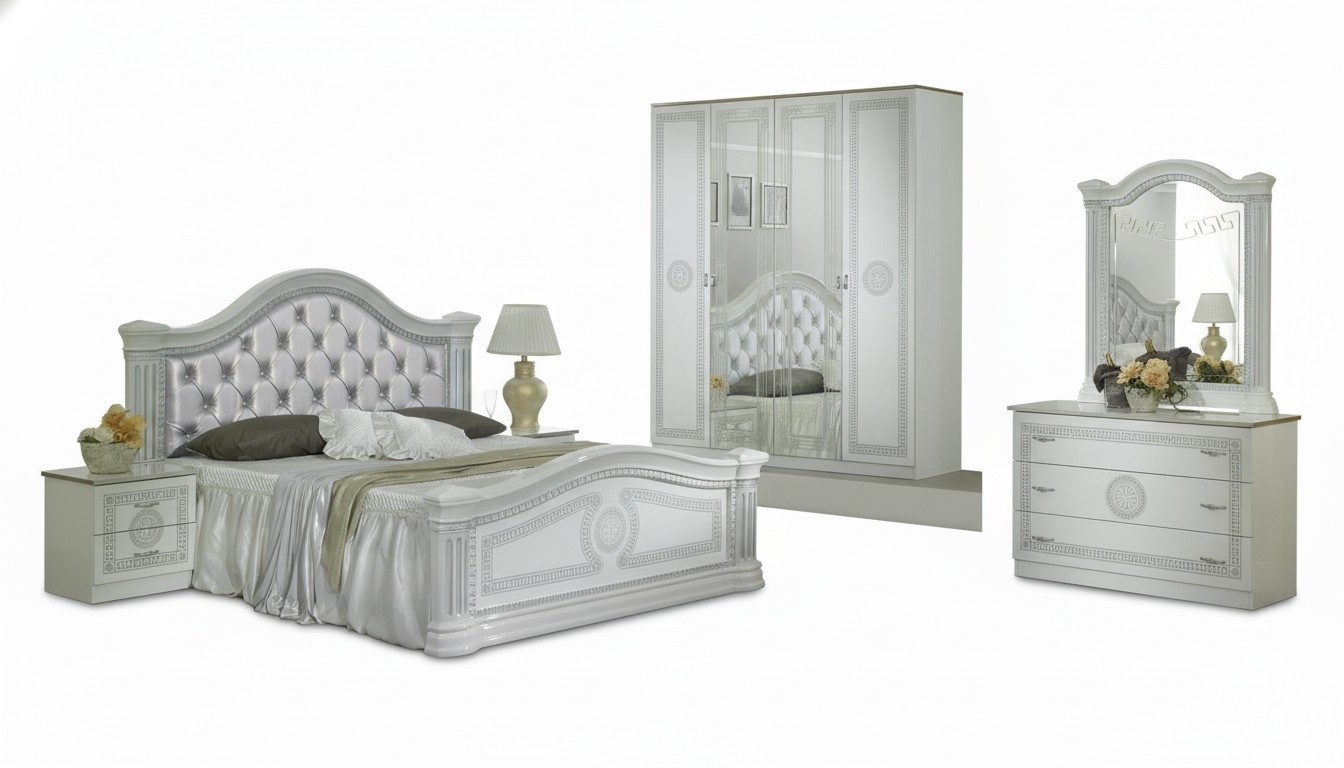 Complete bedroom set design modern luxury bed 2x bedside table 6-piece wardrobe