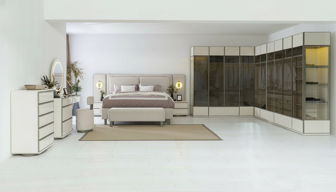 Complete bedroom set designer bed nightstands vanity 7 pieces