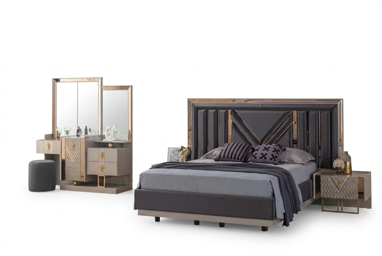 Complete Bedroom Set Grey Bed Dressing Table With Mirror