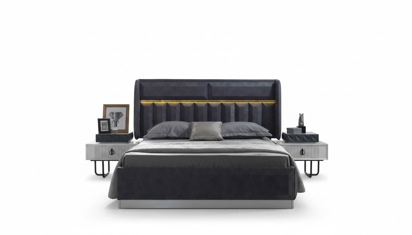 Complete Bedroom Set Gray Double Bed Luxurious Wooden Nightstands