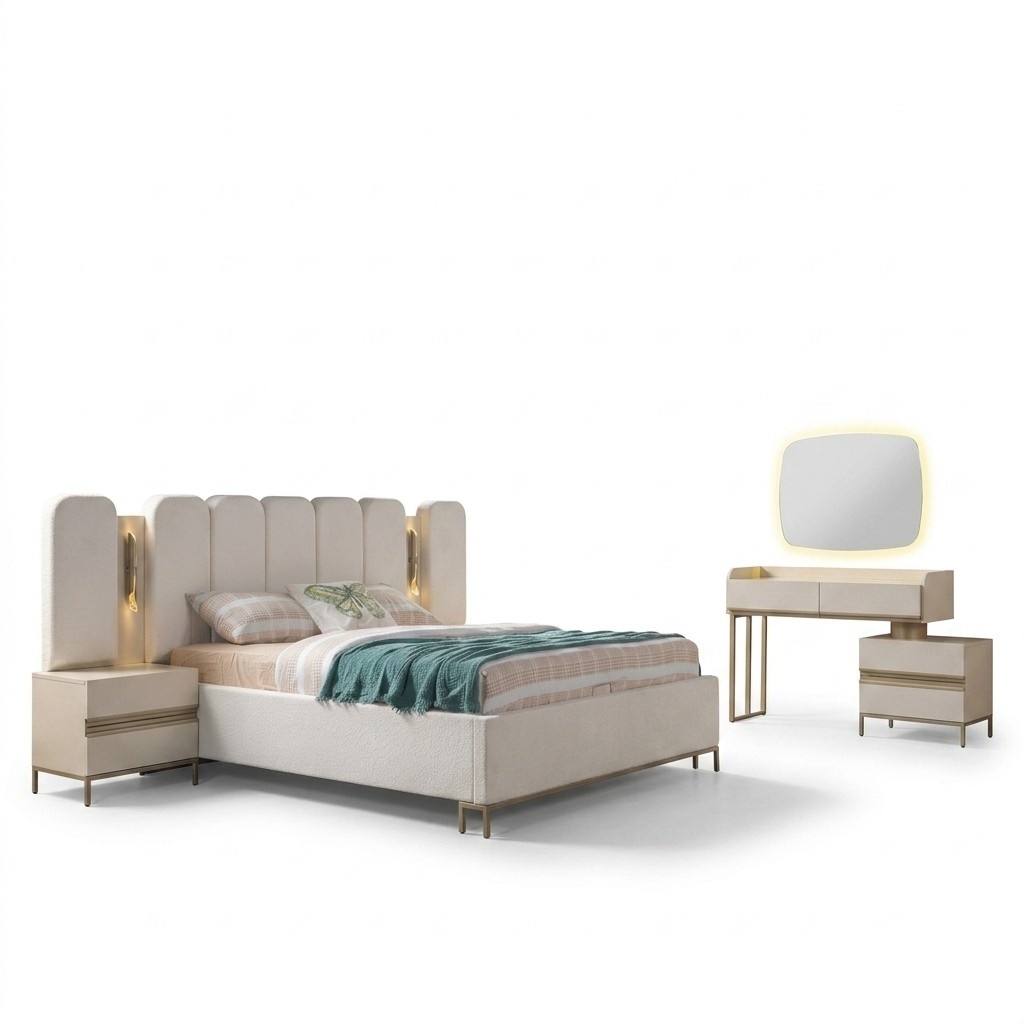 Complete bedroom set with dresser, mirror, bed, and nightstands.