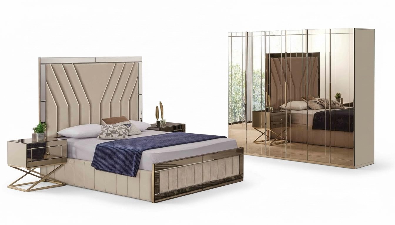 Complete beige bedroom set designer bed bedside tables wardrobe 4pcs