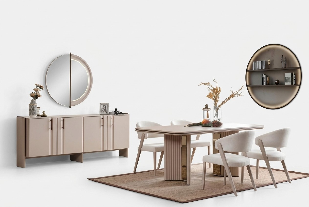 Complete beige dining room set dining table chairs sideboard mirror