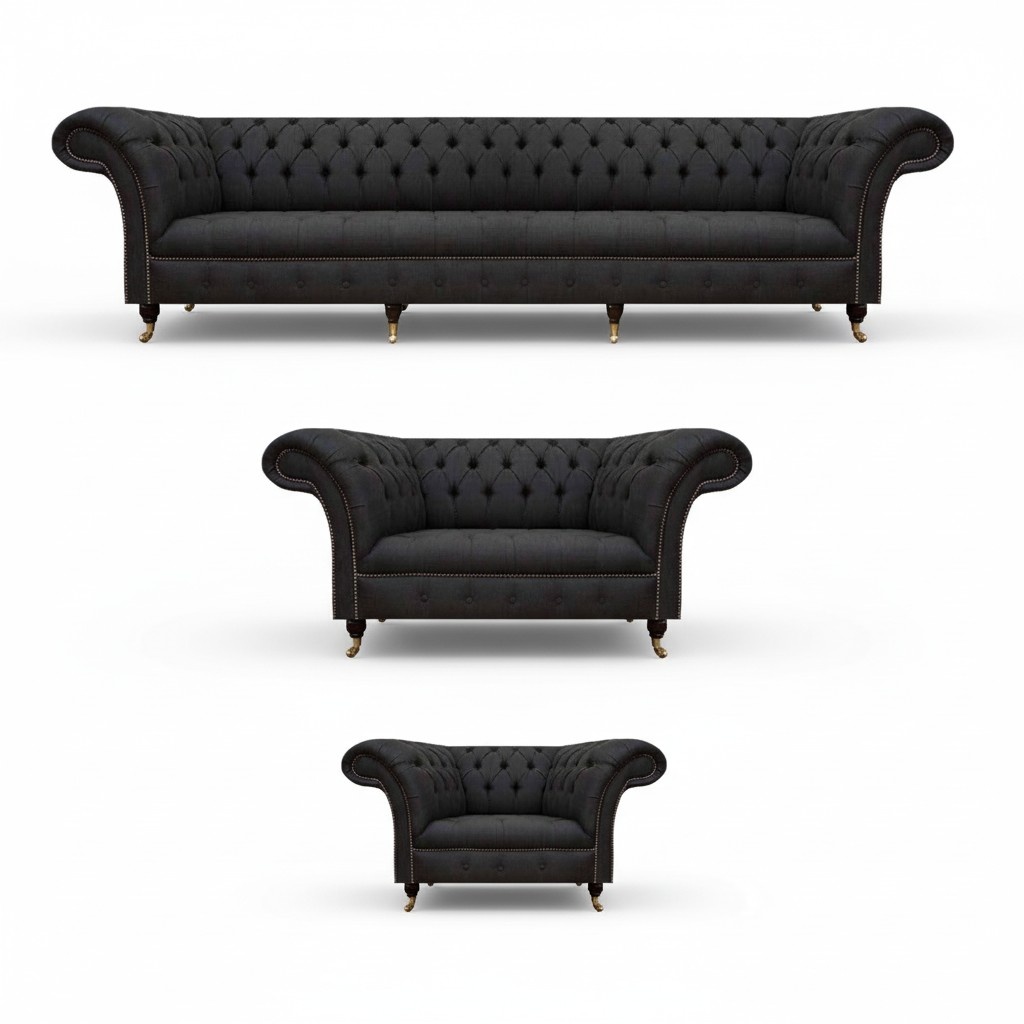 Complete black Chesterfield seating set designer two-seater armchair.