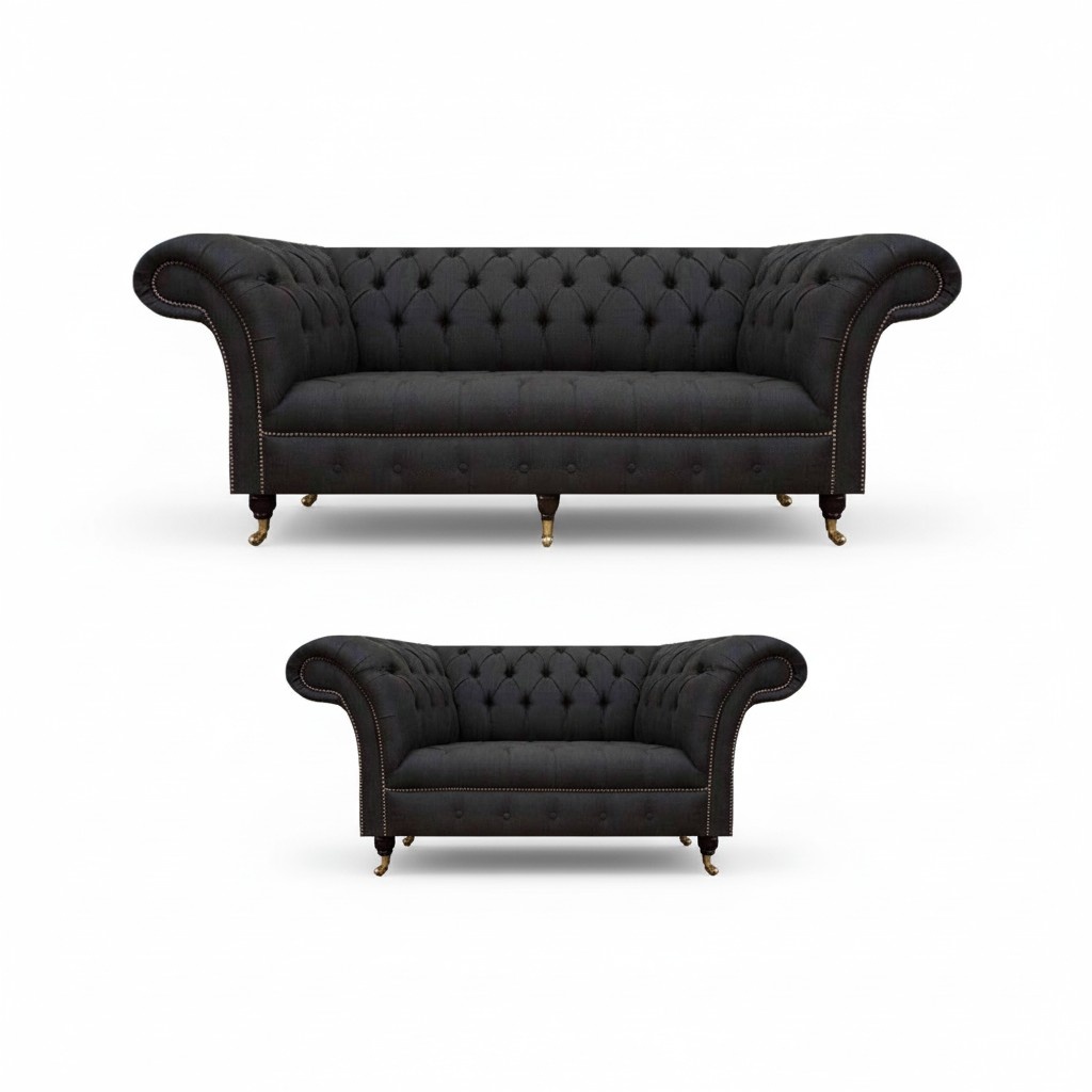 Complete Black Chesterfield Set Designer Three-Seater Modern 2-Seater