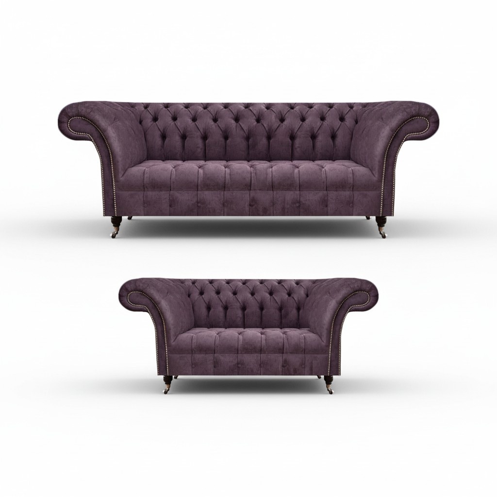 Complete Chesterfield Purple Seating Set 2x Sofas Three-Seater 2-Seater