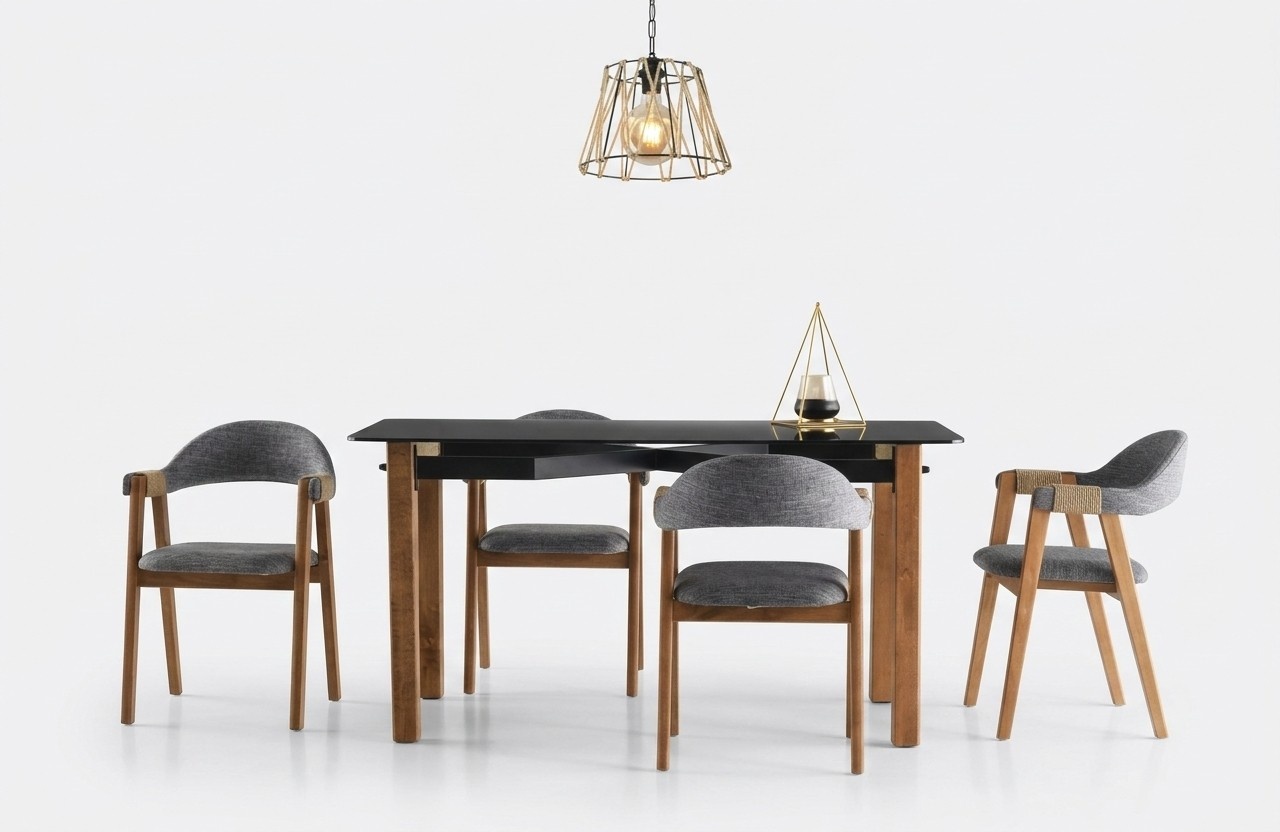 Complete dining room table eating area dining table chairs 5-piece gray glass table