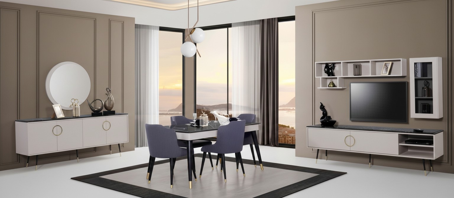 Complete dining set 7 pcs. Dining room sideboard set modern table 4x chairs rtv