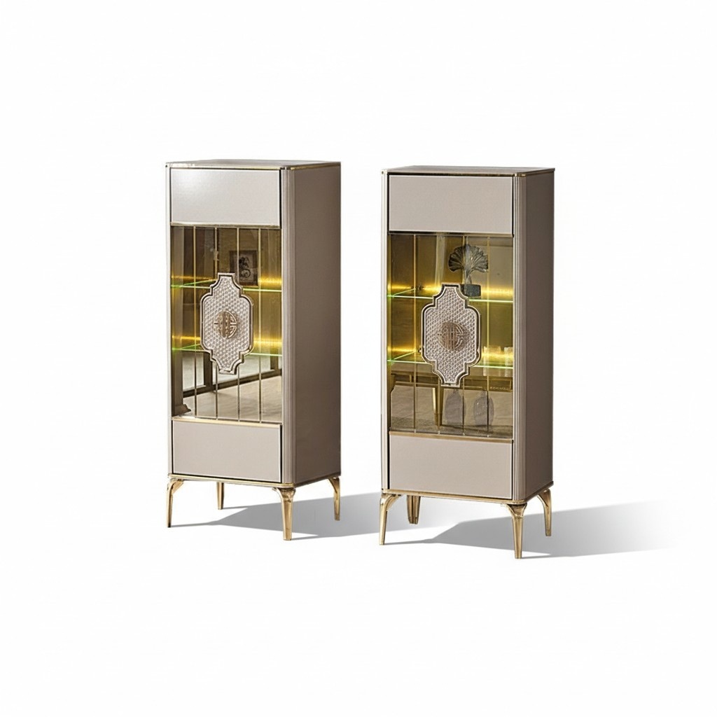 Complete display cabinet showcase wooden beige glass display case 2 pieces