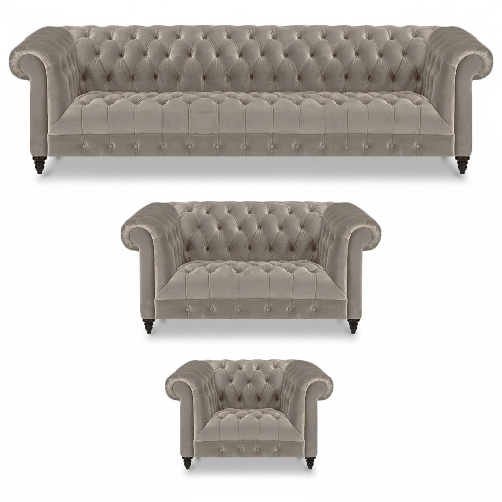Complete Gray Furniture Set 3-piece Upholstered Furniture Sofa Set Armchair New Chesterfield