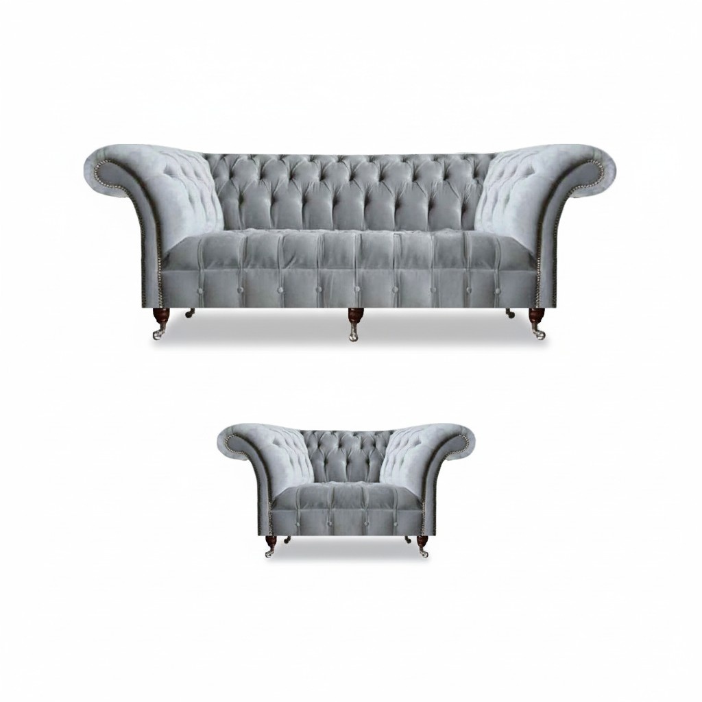 Complete Gray Chesterfield Seating Furniture Elegant Lounge Chair 3-Seater Sofa