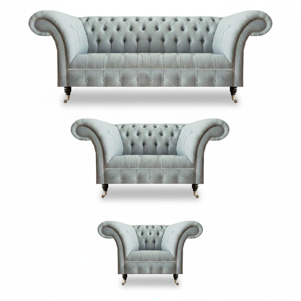 Complete gray Chesterfield couches, seating sofas, three-seater armchairs.