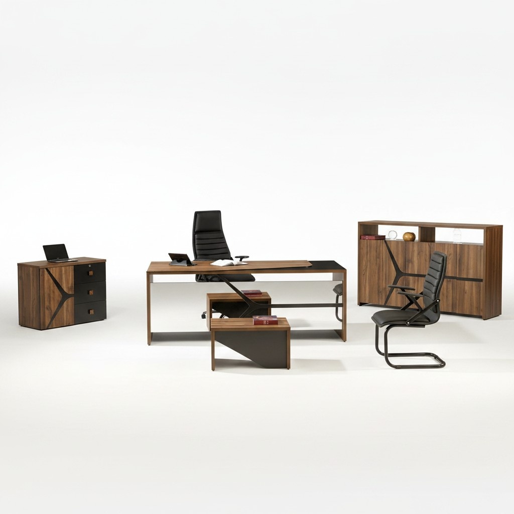 Complete study furniture desk 4pcs wood brown office furniture