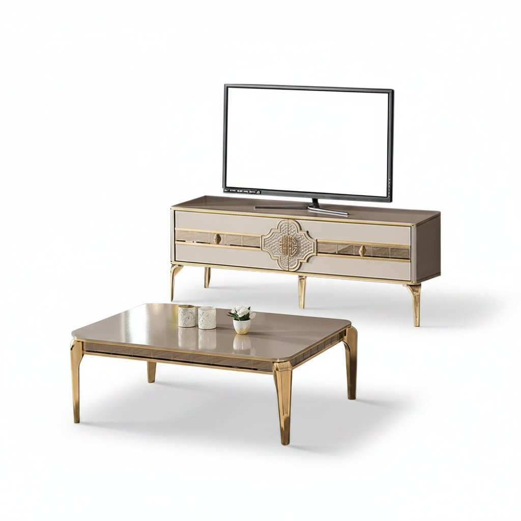 Complete living room TV stand coffee table sideboard beige RTV lowboard 2 pieces